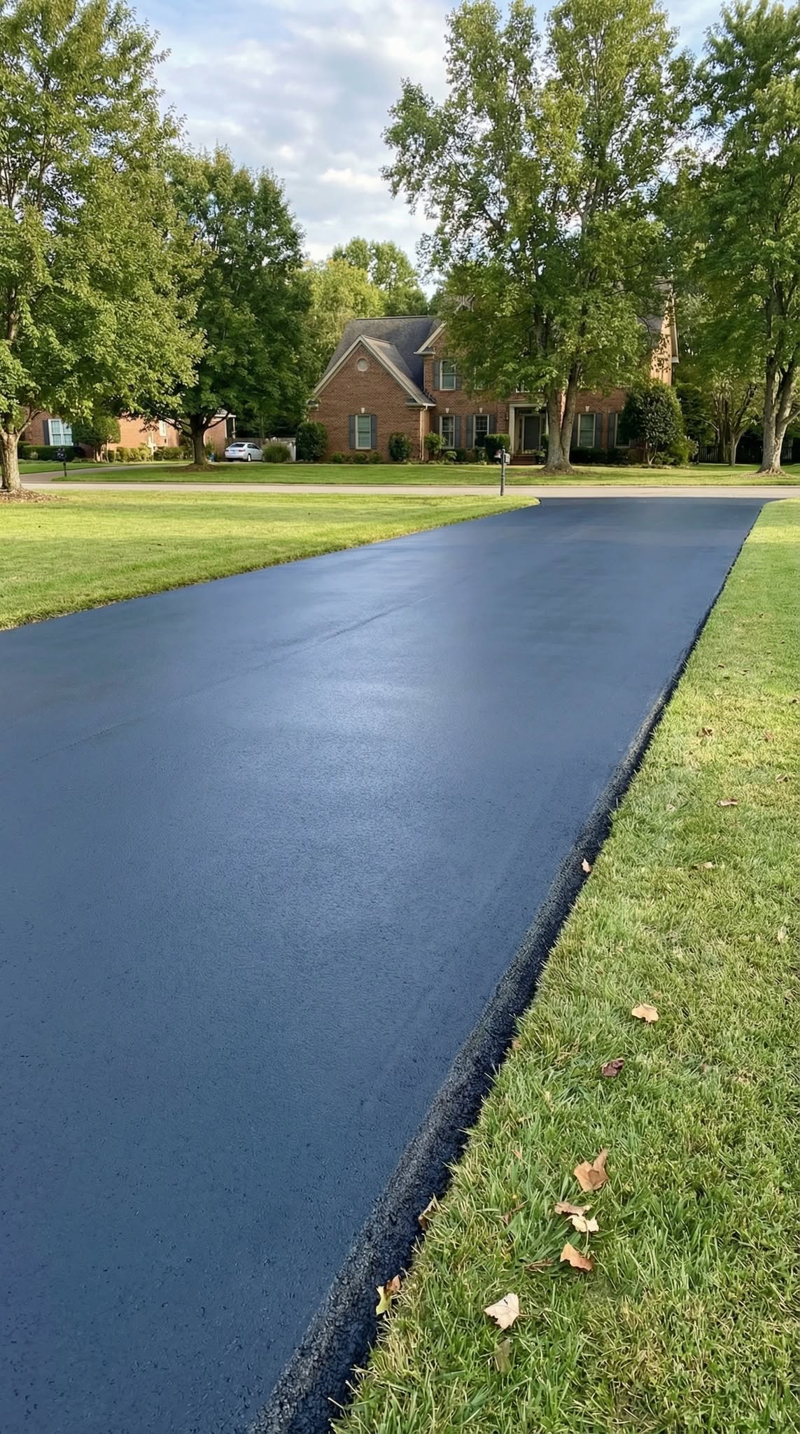 Driveway after American Asphalt sealcoating, deep even black finish